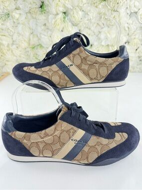 Coach Signature Sneakers Brown Canvas Navy Suede Lace Up Flats